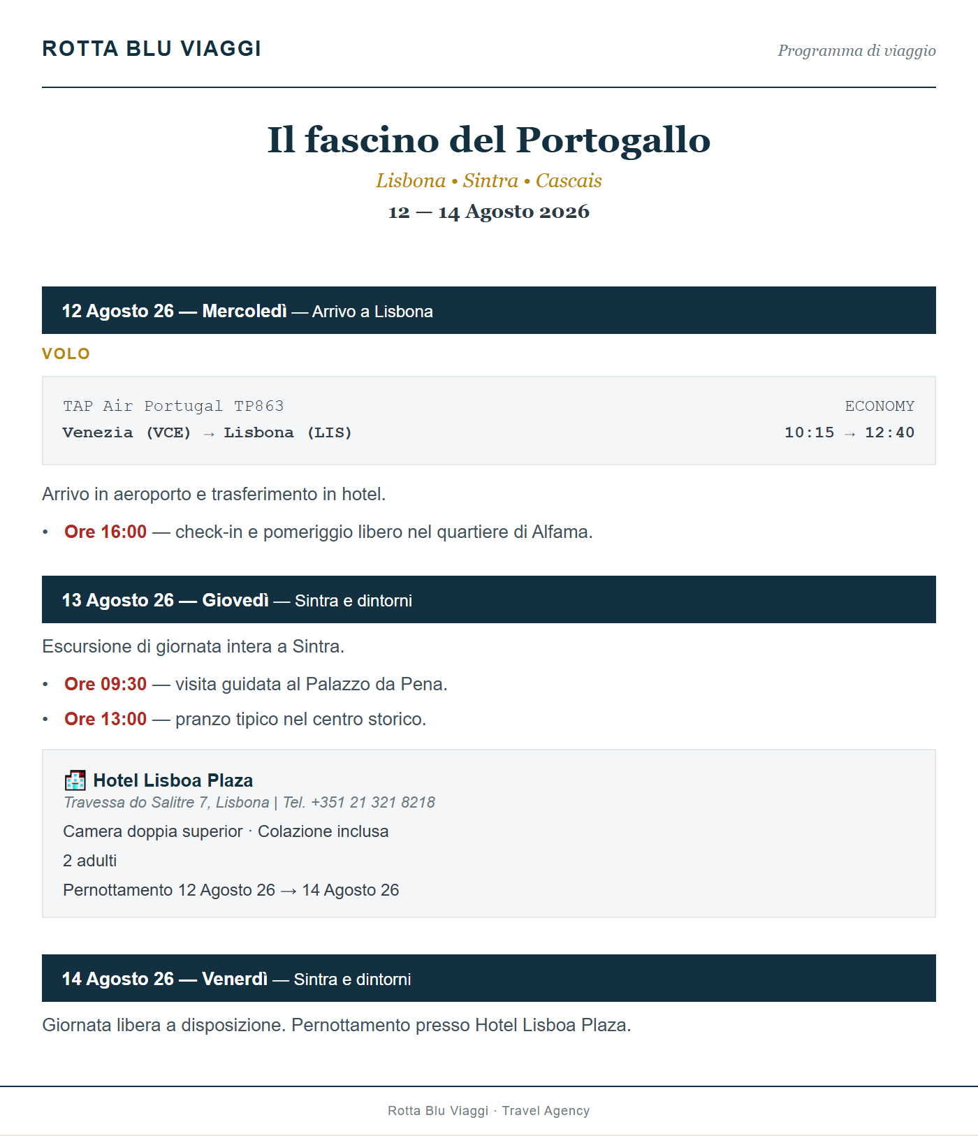 Esempio reale di un programma di viaggio generato da Via Diretto con il template Classico